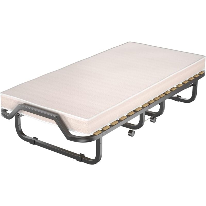 Lit Pliant avec Matelas 17 Lattes, avec 4 roulettes Pivotantes, Tuyeaux 25 mm en Metal Durable, Matelas de 10 cm Epais, 90 x 200 cm, Fabriqué en