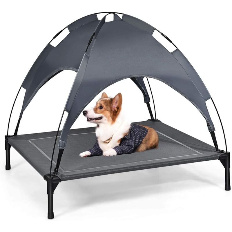 Lit pour Chien avec Auvent Amovible, Lit Surélevé Couchette en Textilène, Cadre en Acier, Idéal pour Jardin, Camping ou Plage, 100 x 85,5 x 86 cm,