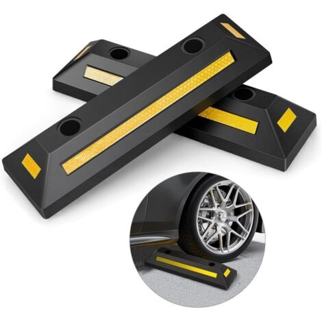 GOPLUS Lot de 2 Butées de Roue pour Stationnement De Véhicule, Caoutchouc Durable et Robuste, Bandes Réfléchissantes, Intérieur Extérieur, pour Pneus de Voiture, Camion, Camionnettes, pour Garage