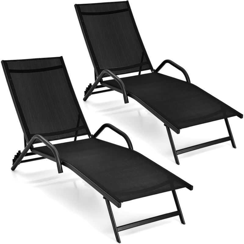 Lot de 2 Chaise Longue,Transat Confortable de Jardin avec Dossier Reglable, Bain de Soleil Pliable,Materiaux Textile Respirante, Capacite de Charge
