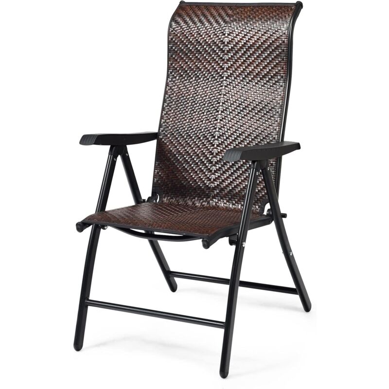 Chaise Pliante de Jardin avec Dossier Réglable en 5 Position-en pe Rotin avec Accoudoirs Ergonomiques Marron - Goplus