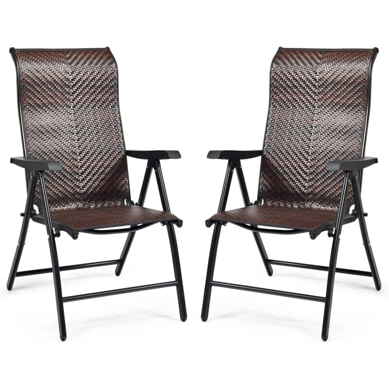Lot de 2 Chaise Pliante de Jardin avec Dossier Réglable en 5 Position-en pe Rotin avec Accoudoirs Ergonomiques Marron - Goplus