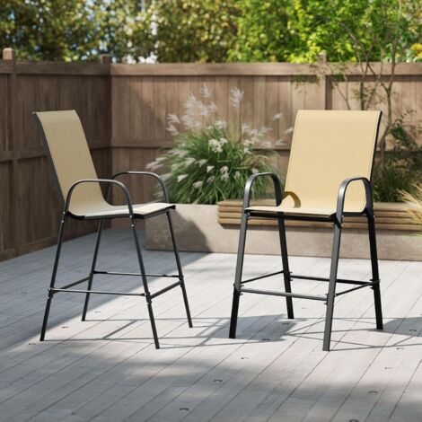 GOPLUS Lot de 2 Chaises de Bar, 2 Pcs Tabouret de Bar Jardin Exterieur Accoudoirs et Repose-Pied Confortable, Tissu Respirant, Capacité 150 kg, pour Bar, Balcon Patio