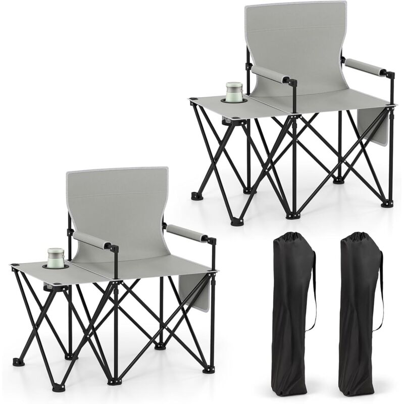 GOPLUS Lot de 2 Chaises de Camping avec Table d'Appoint, Chaise de Plage Pliante avec Porte-gobelet, Poches de Rangement, Ultra Leger, Sac Transport,