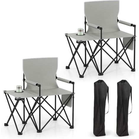 GOPLUS Lot de 2 Chaises de Camping avec Table d'Appoint, Chaise de Plage Pliante avec Porte-gobelet, Poches de Rangement, Ultra Leger, Sac Transport, Charge 150 kg, pour Pêche, Pique-Nique (Gris)