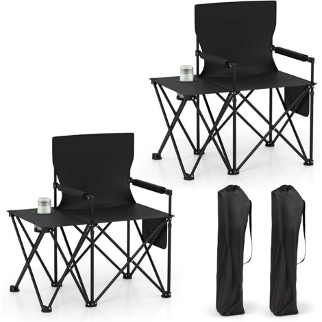 GOPLUS Lot de 2 Chaises de Camping avec Table d'Appoint, Chaise de Plage Pliante avec Porte-gobelet, Poches de Rangement, Ultra Leger, Sac Transport, Charge 150 kg, pour Pêche, Pique-Nique (Noir)
