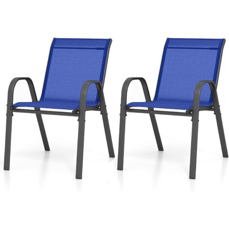 GOPLUS Lot de 2 Chaises de Jardin Empilables, Fauteuil de Terrasse Confortable avec Accoudoirs Dossier, en Métal et Textilène, Chaise Salon de Jardin Extérieur et Intérieur (56x70x84cm,Bleu,2)