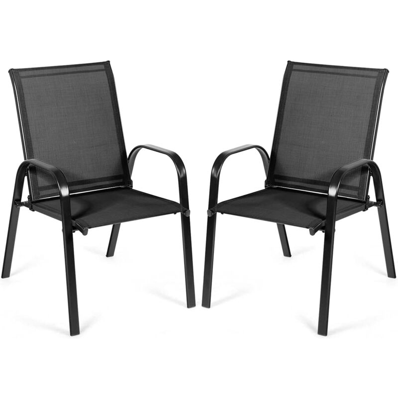 GOPLUS Lot de 2 Chaises de Jardin Pliantes, 2 Chaises de Terrasse en Métal avec Accoudoirs et Dossier Haut, Tissu Respirant, Fauteuil Confortable