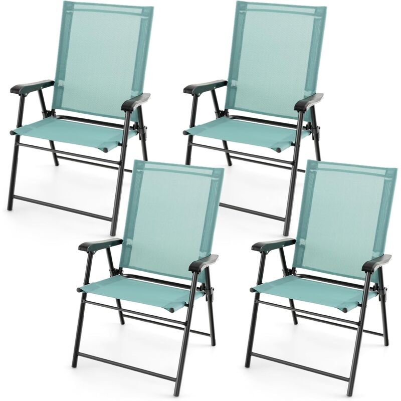GOPLUS Lot de 4 Chaises de Jardin Pliantes, avec Accoudoirs, Tissu Respirant & Cadre Métallique Solide, Chaises Portatives Légères à Dossier en Toile