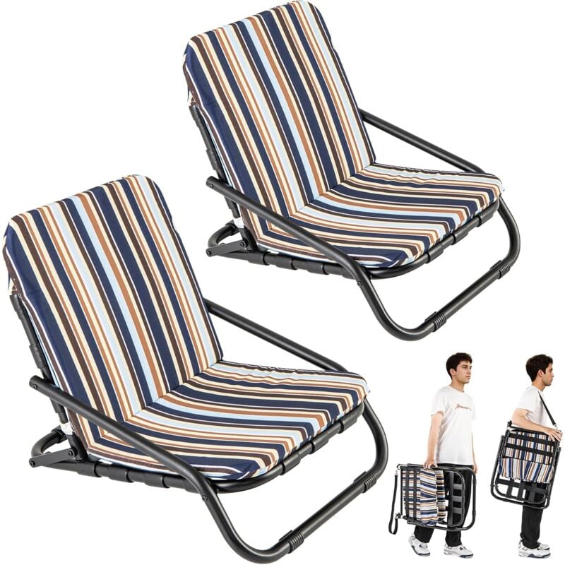 Goplus - Lot de 2 Chaises de Plage Pliantes, Chaises de Camping Basses, Cadre en Aluminium, Coussin Doux, Légères, Sangles, Capacité 135 Kg, pour