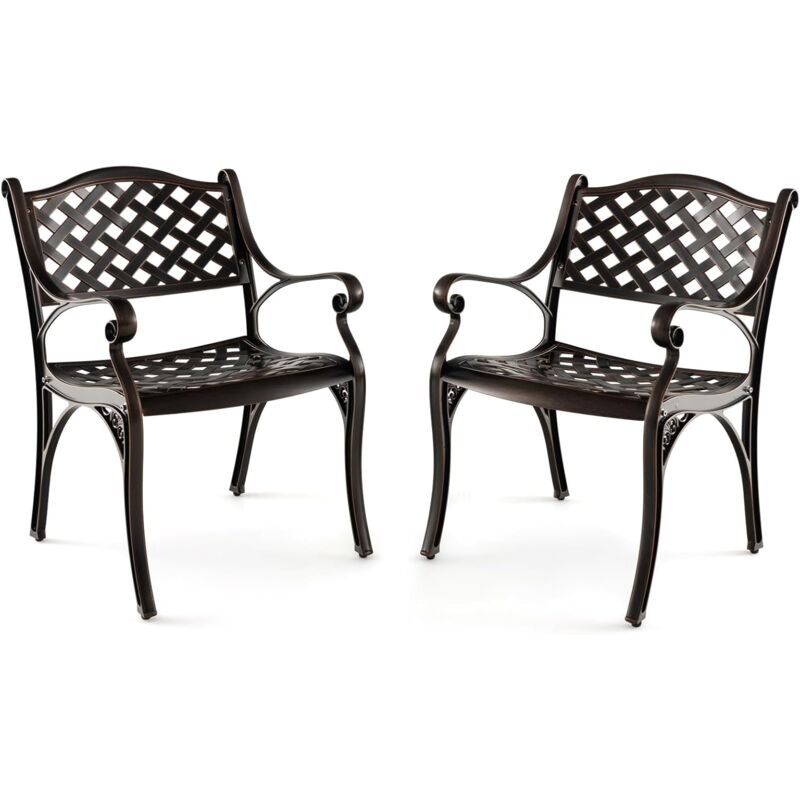 Lot de 2 Chaises d'Extérieur en Fonte d'Aluminium, Sièges Incurvés, Chaise de Terrasse pour Jardin,Charge 150KG, pour Terrasse, Jardin (Bronze,2