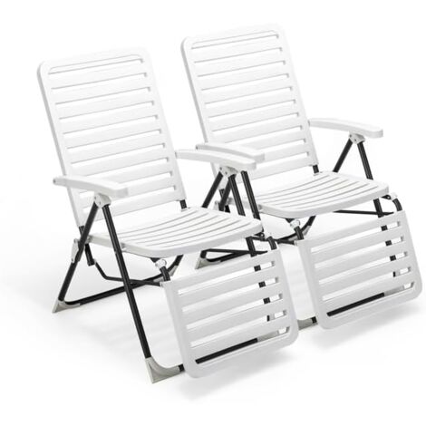 GOPLUS Lot de 2 Chaises Longue Pliante Réglables à 7 Positions Charge 120KG-avec Dossier et Repose-Pieds Blanc