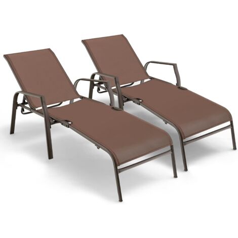 Goplus – Lot de 2 chaises longues inclinables en textilène – Dossier réglable 5 positions – Cadre métallique robuste – Charge max 150 kg – Marron