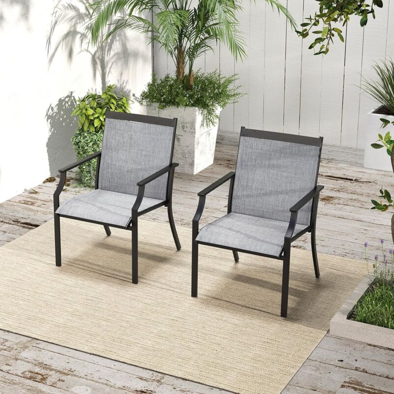 Lot de 2 Chaises Terrasse 66x61x90cm Charge 150KG avec Accoudoirs-Siège Large en Tissu Respirant pour Jardin/Porche Gris - Goplus