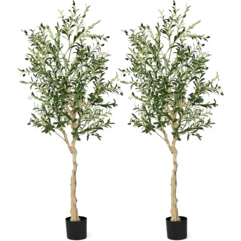 Goplus – Lot de 2 oliviers artificiels 182 cm – Fausse plante verte avec 1296 feuilles et 72 fruits d'olive – Arbre décoratif intérieur et extérieur