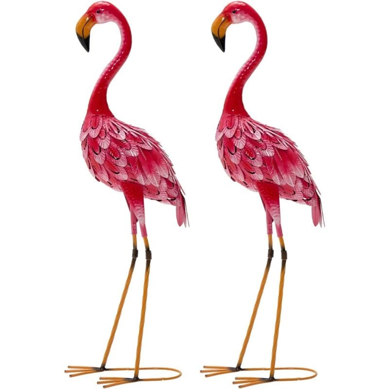 Lot de 2 Statues 89 cm de Flamant Rose de Jardin en Métal, Décoration Extérieure Sculpture d'Oiseau Rose de Jardin pour Enjoliver la Pelouse,