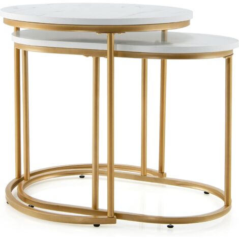 Goplus – Lot de 2 tables basses rondes en faux marbre – Cadre en métal – Dimensions 60x50cm et 60x36cm – Design moderne et empilable