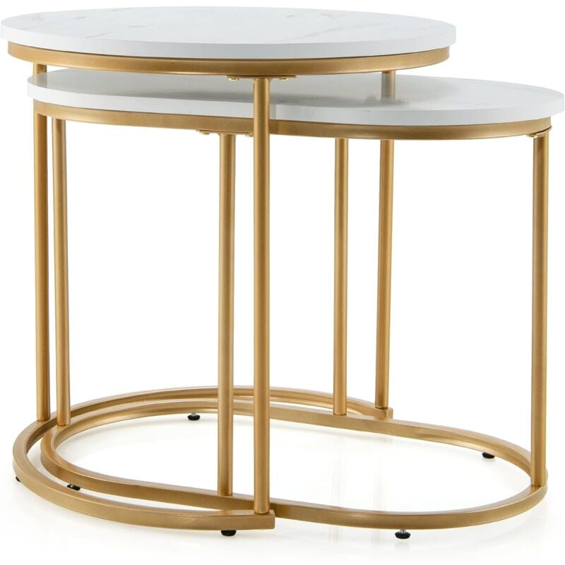 Goplus - Lot de 2 Tables Basses Rondes en Faux Marbre, Tables d'appoint Gigognes avec Cadre en Métal en Design Moderne, Meuble de Décoration