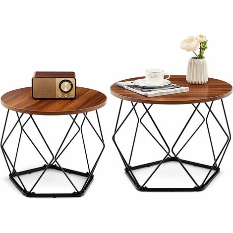 GOPLUS Lot de 2 Tables Basses Rondes, Tables de Chevet Industrielles en Bois avec Structure en Métal Robuste, Grande Table Basse et Petite Table d'appoint, Tables d'appoint pour Salon, Chambre