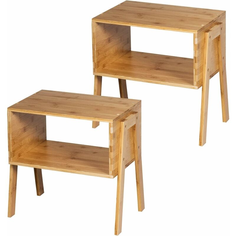 lot de 2 tables de chevet en bambou avec 1 etagere ouverte, lot de 2 table de nuit empilable, construction robuste, tables d'appoint polyvalentes,