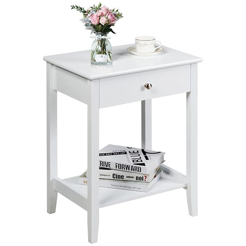 Table de Chevet Style Moderne à 2 Niveaux avec 1 Tiroir, Bout de Canapé Multifonctionnelle, 47 x36 x 62 cm, Blanc - Goplus