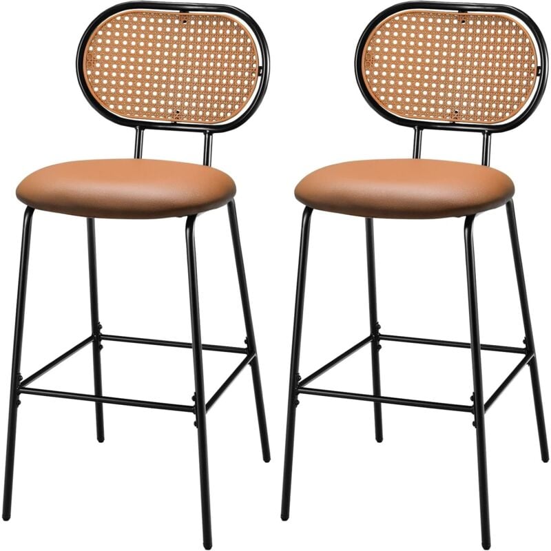 Goplus - Lot de 2 Tabourets de Bar avec Dossier en Rotin pe, Chaise de Bar avec Hauteur d'Assise 75CM,Cardre en Métal et Repose-Pieds