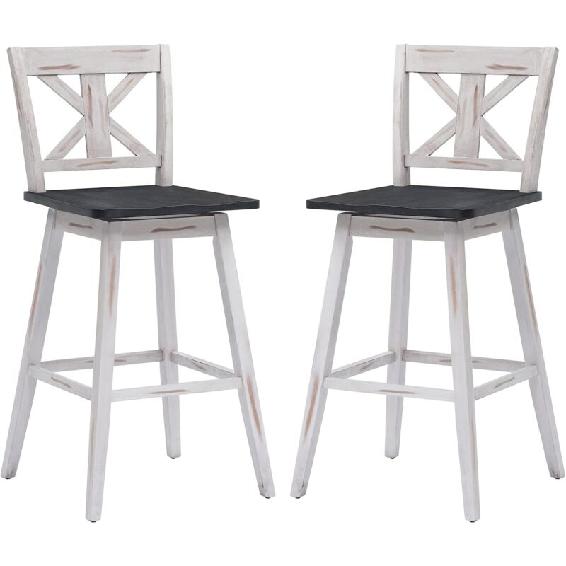 Goplus - Lot de 2 Tabourets de Bar en Bois d'Hevea avec Siege Rotatif 360°, Chaise de Bar avec Dossier Confortable, Repose-Pieds, Design Retro, pour