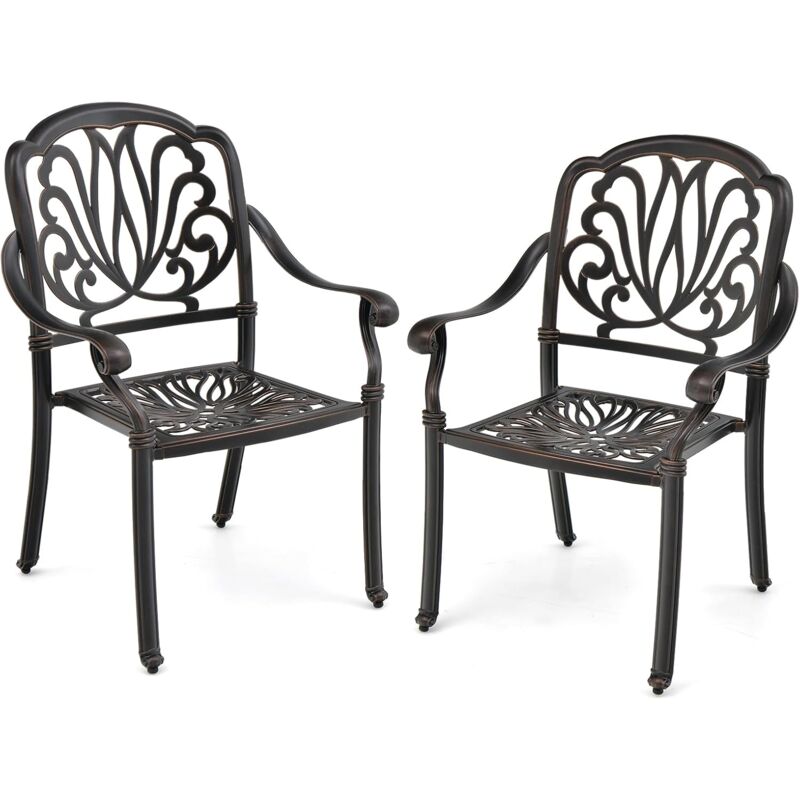 2 Chaises de Jardin en Aluminium Moulé-Empilables avec Accoudoirs-Patins de Pied Réglables-Fauteuils d'Extérieur - Goplus