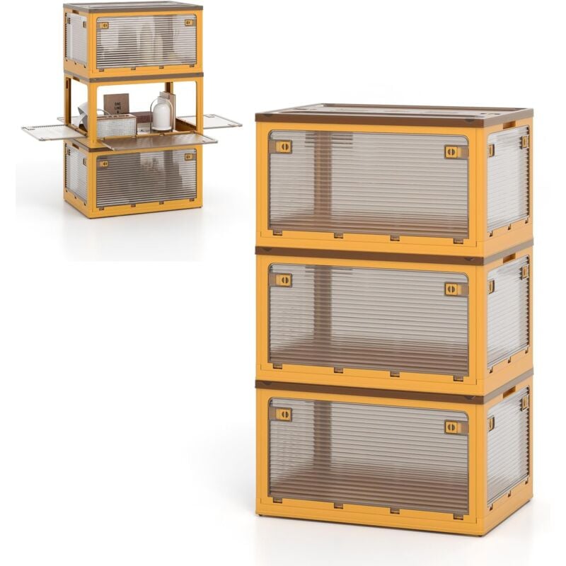 Goplus - Lot de 3 Bacs de Rangement Empilable en Plastique 3x98L-Boîte Pliable à 5 Portes avec Couvercle et Roulette 66,5x46,5x111,5CM Jaune