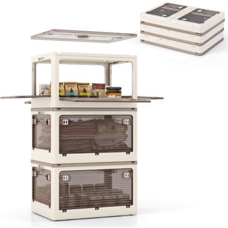 GOPLUS Lot de 3 Boîte de Rangement avec Couvercle Pliables avec Couvercles, Boite Rangement Empilables avec Roulettes, Ouverture à 5 Côtés, Boîtes Pliables pour Maison, Dortoir (132L)