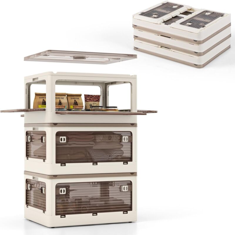 Lot de 3 Boîte de Rangement avec Couvercle Pliables avec Couvercles, Boite Rangement Empilables avec Roulettes, Ouverture à 5 Côtés, Boîtes Pliables