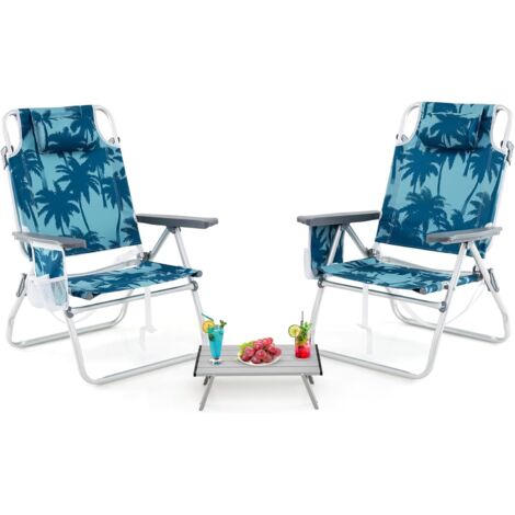GOPLUS Lot de 3 Chaises Camping avec Table Pliantes,Salon de Camping Dossier Réglable, Porte-gobelets, Sac Transport, en Aluminium Ultra Leger pour Pique-Nique,Pêche (2 Personnes,Palmier Bleu)