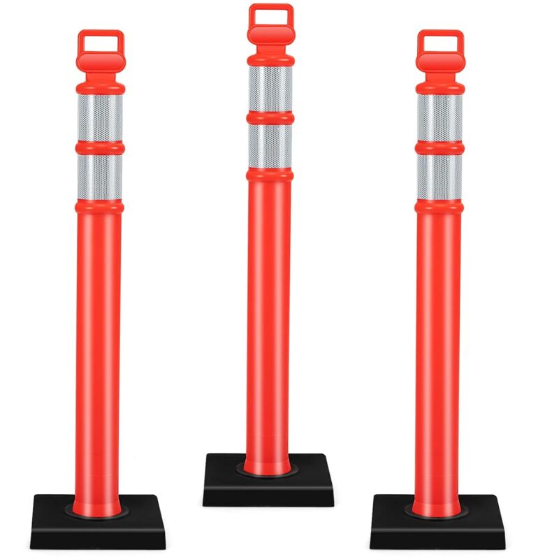 Goplus - Lot de 3 Poteaux de Signalisation-Barrières de Parking Flexibles-Boulon d'Ancrage-Bandes Réfléchissantes-Cônes de Sécurité