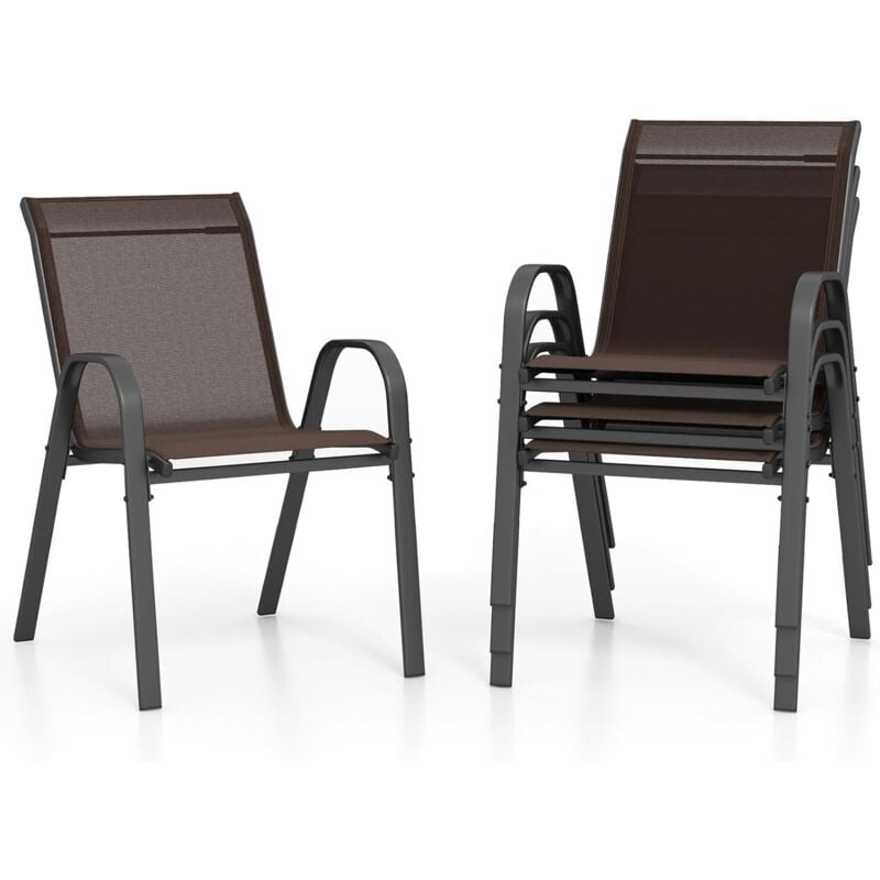 Lot de 4 Chaises de Jardin Empilables, Fauteuil de Terrasse Confortable avec Accoudoirs Dossier, en Métal et Textilène, Chaise Salon de Jardin