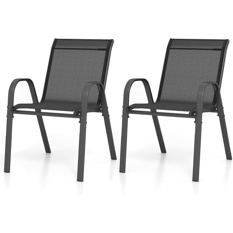 Lot de 2 Chaises de Jardin Empilables, Fauteuil de Terrasse Confortable avec Accoudoirs Dossier, en Métal et Textilène, Chaise Salon de Jardin