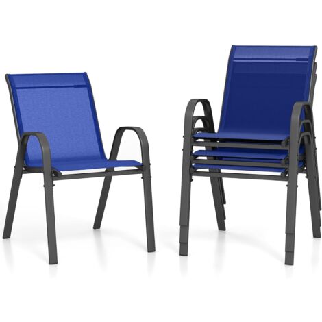 GOPLUS Lot de 4 Chaises de Jardin Empilables, Fauteuil de Terrasse Confortable avec Accoudoirs Dossier, en Métal et Textilène, Chaise Salon de Jardin Extérieur et Intérieur (56x70x84cm,Bleu,4)