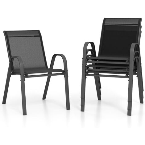 GOPLUS Lot de 4 Chaises de Jardin Empilables, Fauteuil de Terrasse Confortable avec Accoudoirs Dossier, en Métal et Textilène, Chaise Salon de Jardin Extérieur et Intérieur (56x70x84cm,Noir,4)