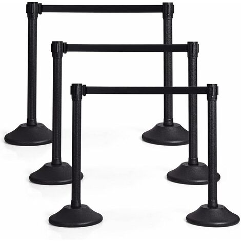 GOPLUS Lot de 6 Poteau de File d'Attente Noir avec Cordon Noir, Poteaux de Guidage Noirs Retractables avec Ceinture Retractable de 2M, Poteau de Separation Retractable (6, Noir+Jaune[Plastique])
