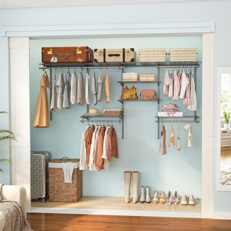 GOPLUS Lot de Penderie Murale de 122-244 cm, Porte Vêtements Dressing DIY avec Étagères Ouvertes, Barres de Suspension et Ajustement Intelligent,