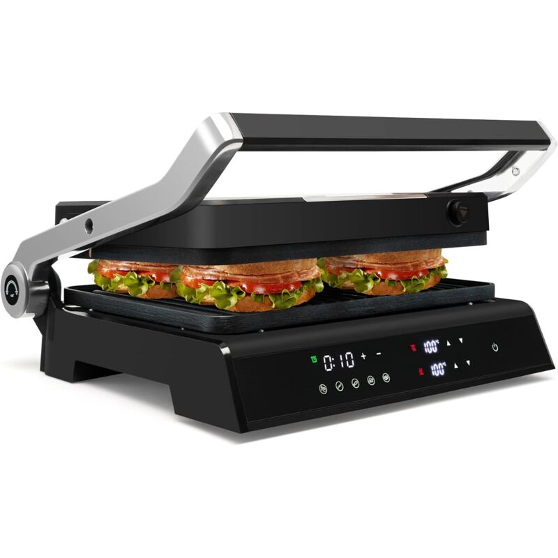 Goplus - Machine à Sandwich 1200W Plaques 2 Face Antiadhésives, Température Contrôle Indépendant Bac d'égouttement Amovible