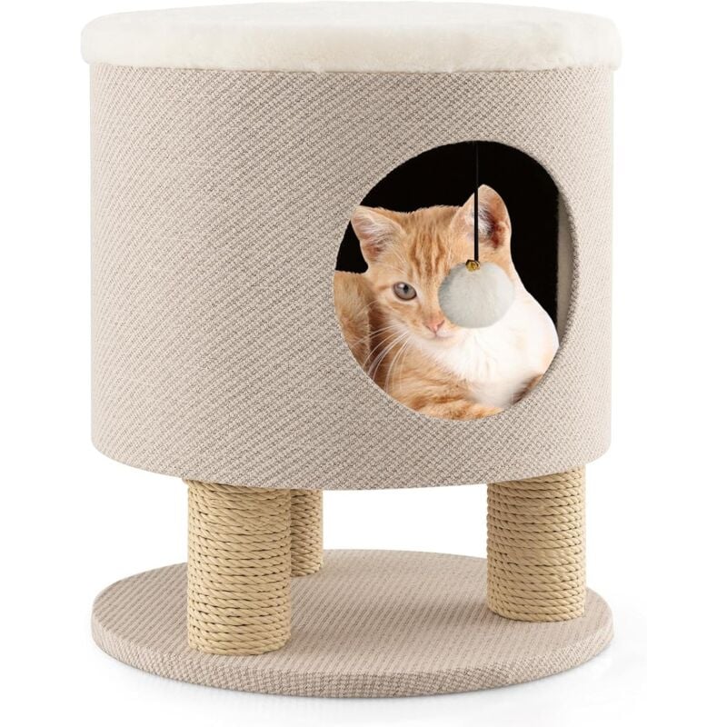 Maison de Chat 3 en 1 avec Griffoirs, Balle en Peluche, Arbre à Chat Transformable en Tabouret/Pouf, Beige - Goplus