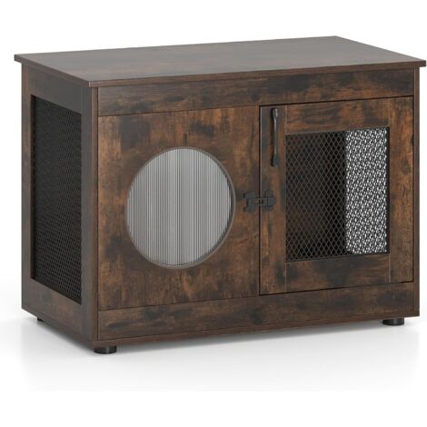 GOPLUS Maison de Toilette Chat Polyvalente, 82 x 47 x 60 CM, Niche pour Chat Interieur à Doubles Portes avec Dessus Spacieux, Large Entrée Ronde et Fenêtre en Maille, Capacité de Poids 45 kg, Café