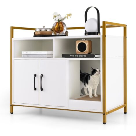 Goplus – Maison de toilette pour chat 89 x 45 x 74,5 cm – Armoire en acier avec 2 compartiments et griffoir – Couleur blanche