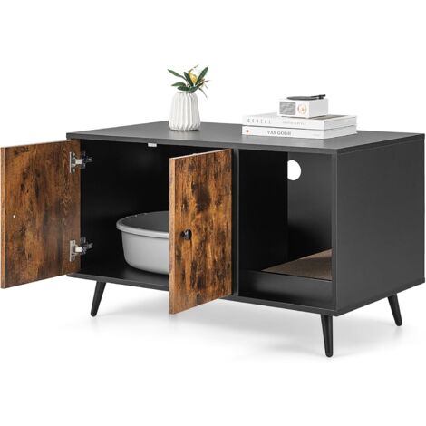 Goplus – Maison de toilette pour chat 90 x 50 x 54 cm – Armoire à double porte – Griffoir inclus – Bois d'ingénierie et métal – Marron