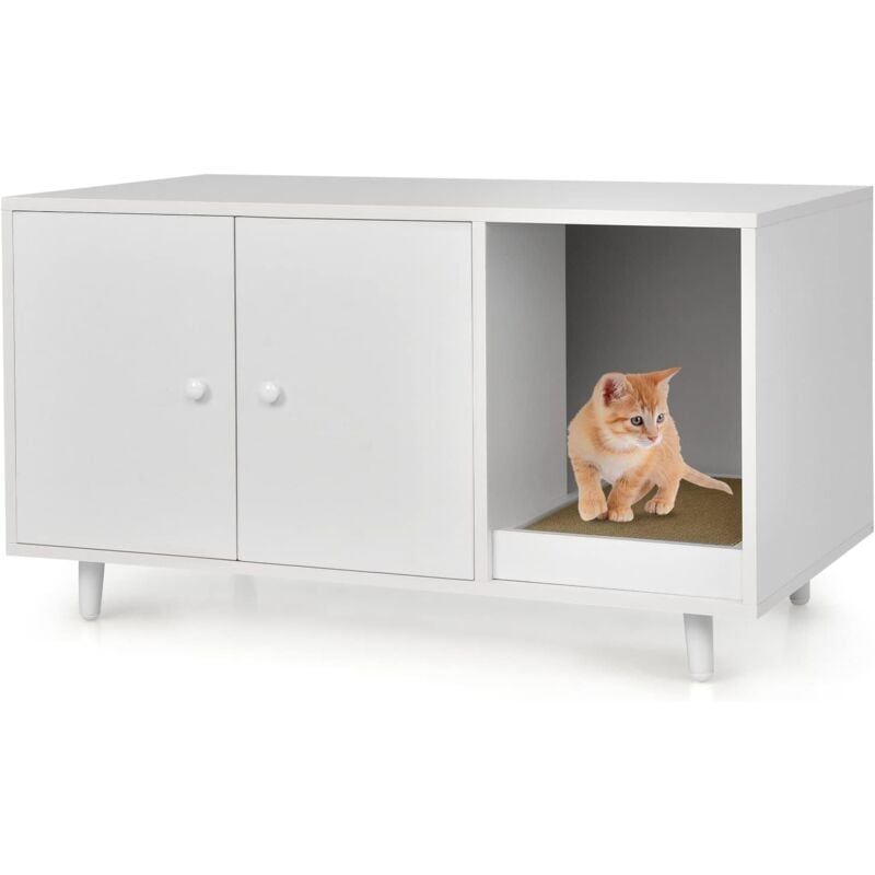 Maison de Toilette pour Chat en Bois Meuble Litière pour Chat Double Portes avec Grattoir à Chat pour Salon, Entrée, Couloir, 90 x 50 x 50CM - Goplus