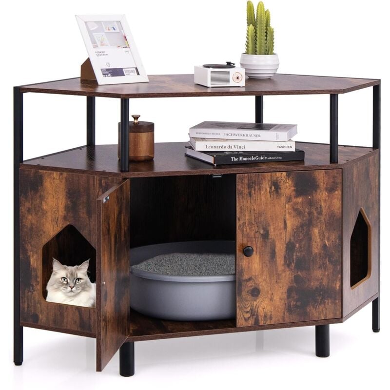 Maison de Toilette pour Chat, Meuble Litière pour Chats Design Hectangulaire avec Étagère Ouverte, 2 Entrées Côté, Double Porte, Grand Espace,