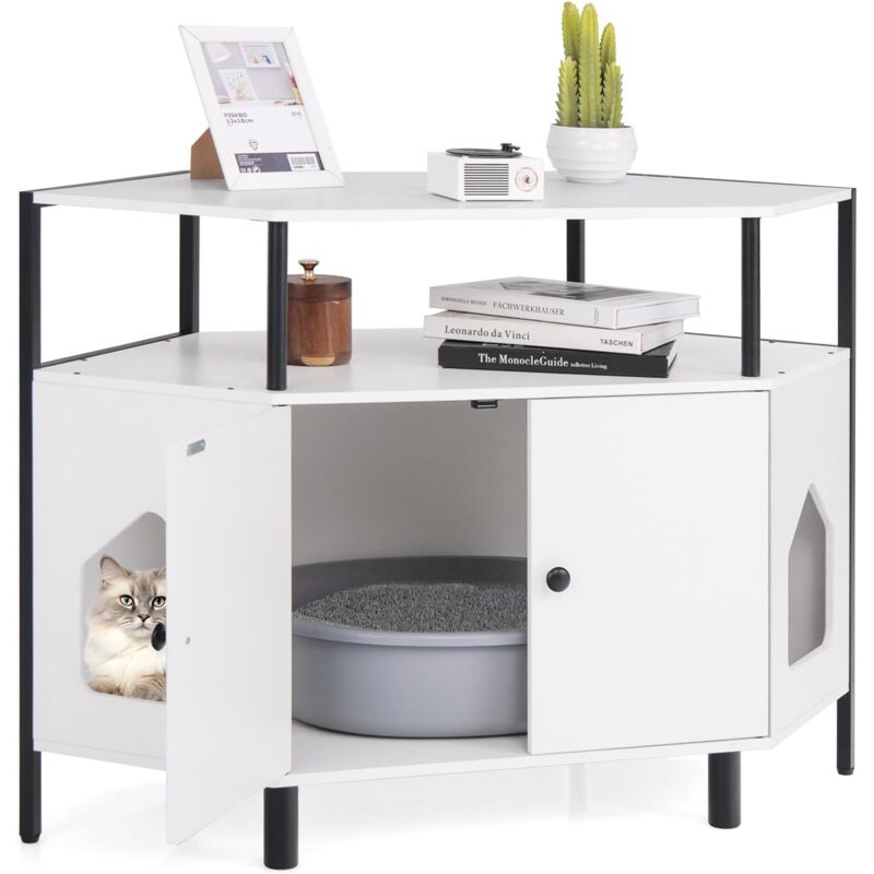 Maison de Toilette pour Chat, Meuble Litière pour Chats Design Hectangulaire avec Étagère Ouverte, 2 Entrées Côté, Double Porte, Grand Espace,