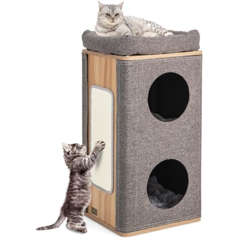 GOPLUS Maison pour Chat à 3 Niveaux avec Tapis à Gratter en Sisal Amovible, Condo à Chat 2 en 1 avec Couverture Amovible, Gris