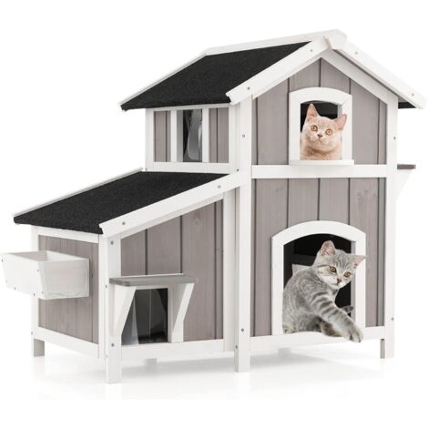 GOPLUS Maison pour Chats à 2 Étages, Maison pour Chats en Bois avec Toit en Asphalte, Portes d'Évasion, Plateforme à 2 Niveaux, Rideaux PVC, Niche pour Chat Intérieur et Extérieur