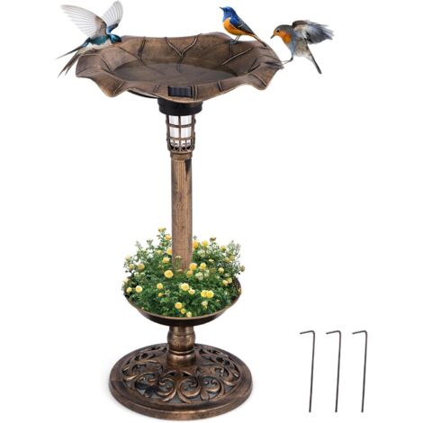 GOPLUS Mangeoire Oiseaux Exterieur avec Lumière Solaire, Abreuvoir d'oiseaux Hauteur 76 CM et Mangeoire avec Bol en Feuille, Jardinière avec Trou de Drainage, Décoratif Autoportant pour Terrasse